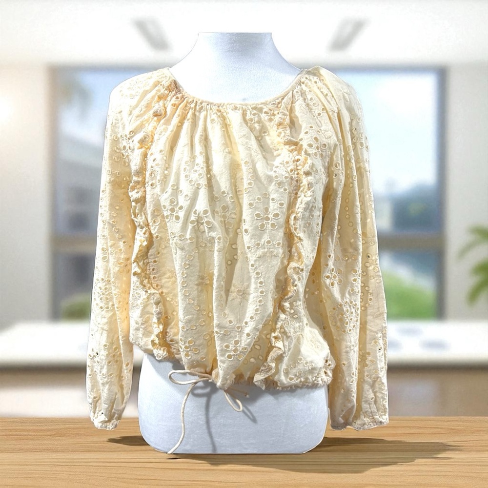 Joie Champagne Eyelet Ruffle Top Medium | 100% Cotton Drawstring Hem